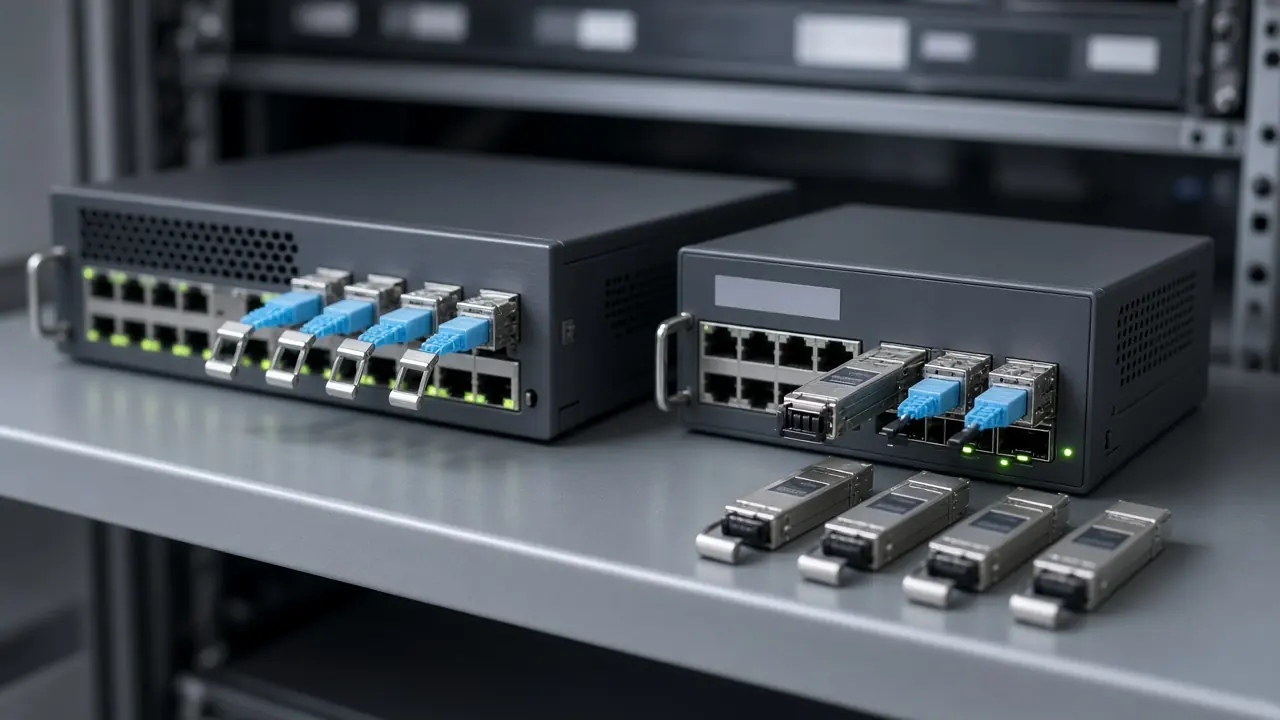 Labeled enterprise switches and optics on a staging shelf