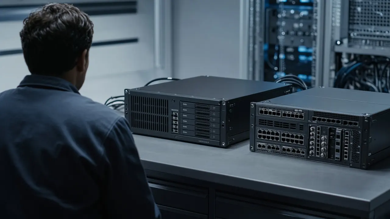 Engineer reviewing network equipment on a workbench