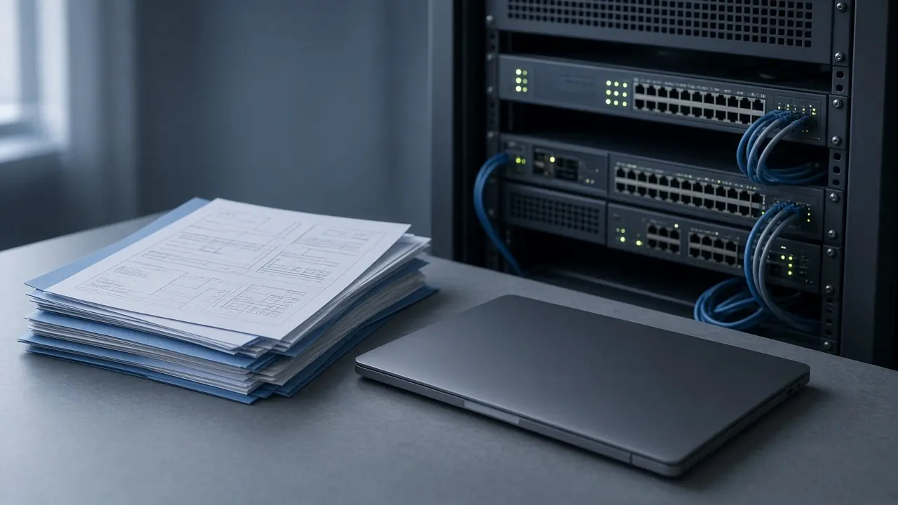 Project folders beside a rack during a technical review