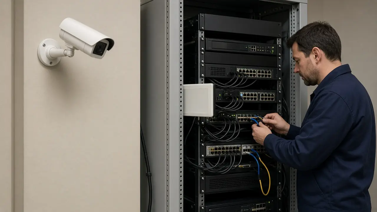 A wall camera and a recorder rack with the monitor turned away