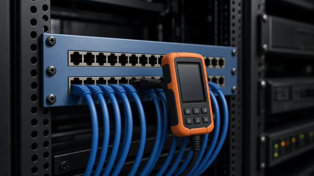 A copper tester with a dark display connected to a patch panel