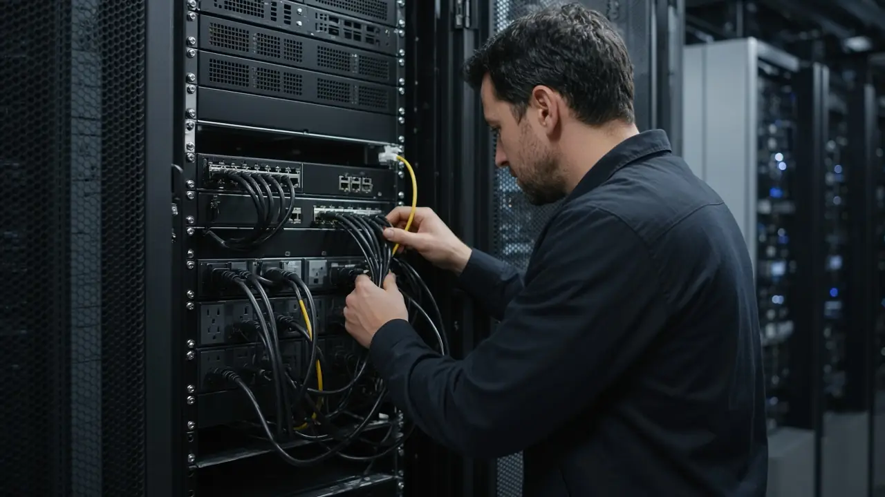 A technician checking power and a network uplink at the rear of a server