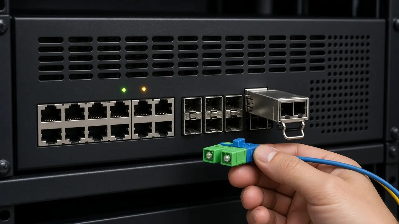 A fiber cord held beside a switch optical port