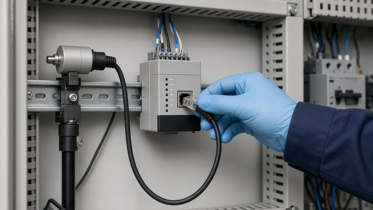 A sensor and gateway on a DIN rail being inspected