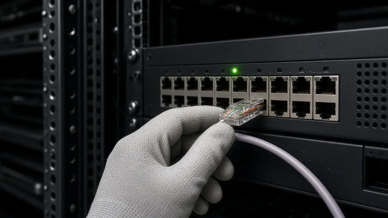 A technician checking a patch cord at a switch port