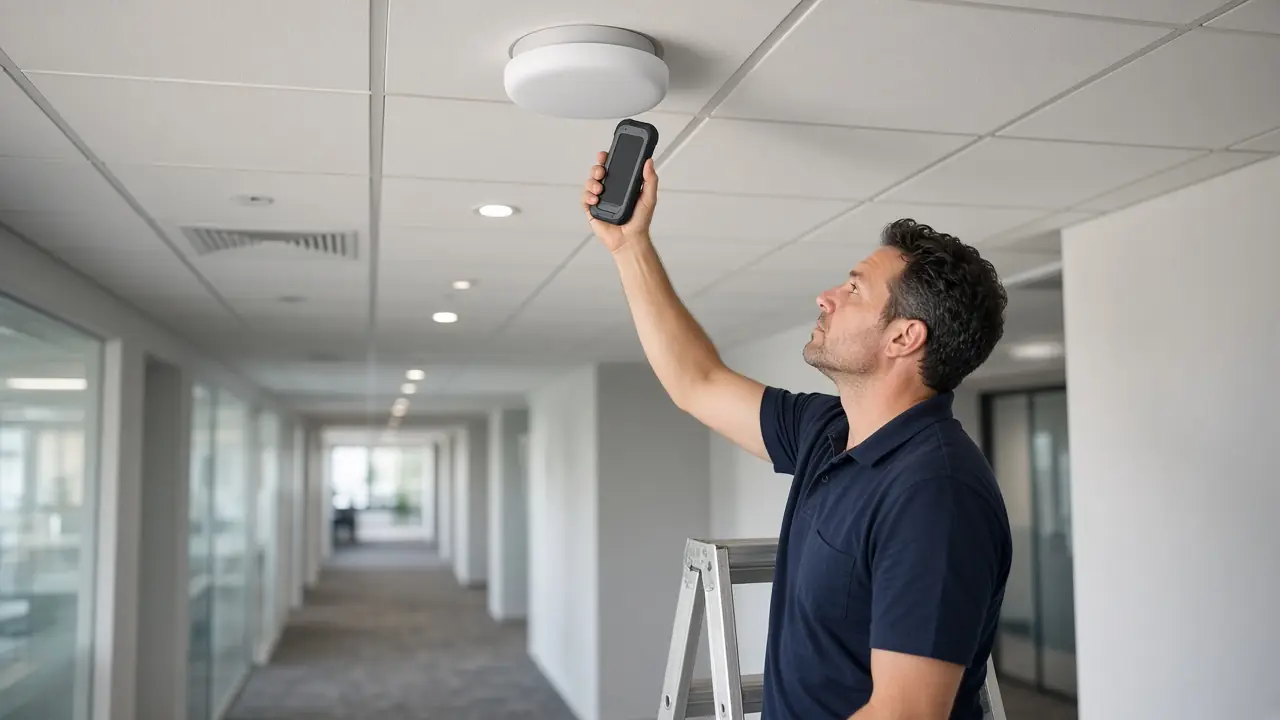 An access point in a corridor and a survey tool with its screen turned away