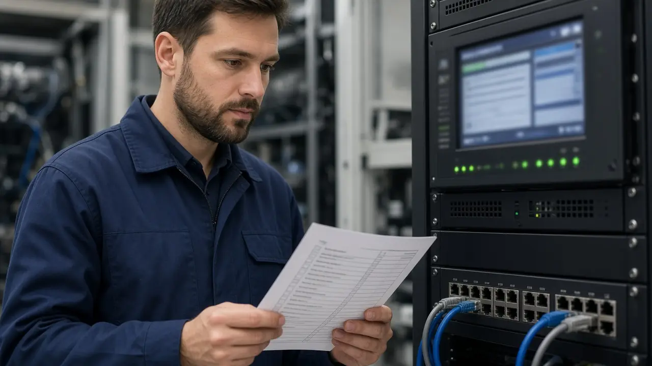 An engineer comparing a printed checklist with a device, screen not readable