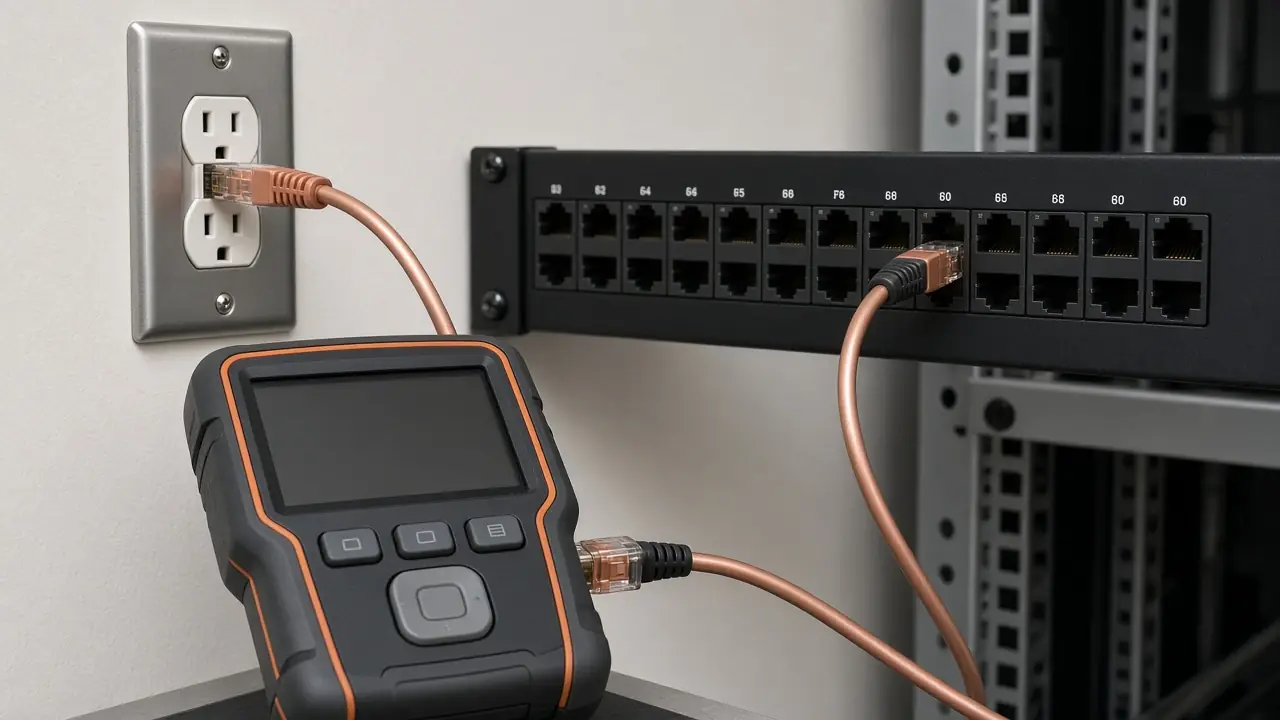 A copper tester with a blank display connected to an outlet and a panel