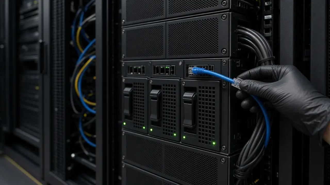 Power and network leads being checked at a data center server