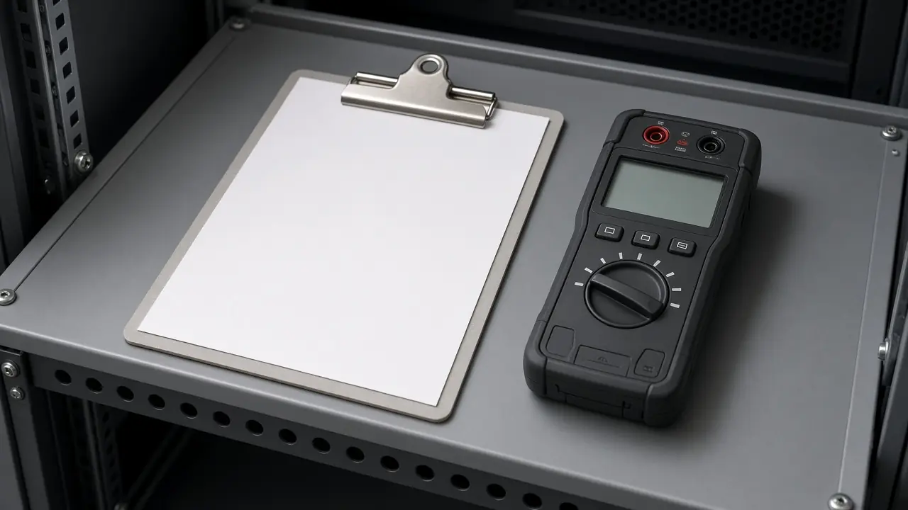 A printed checklist on a rack shelf beside a tester with a dark screen