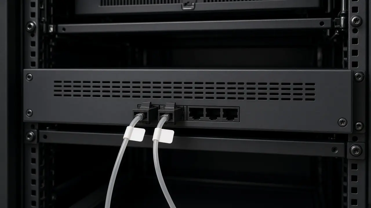 Two uplink cords in a rack, one labeled as the primary path by a blank tag