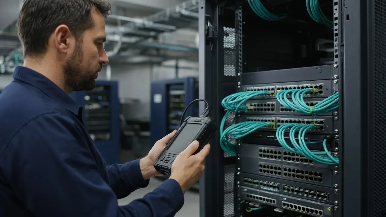 An engineer using a network tester beside a rack, with the instrument screen turned away