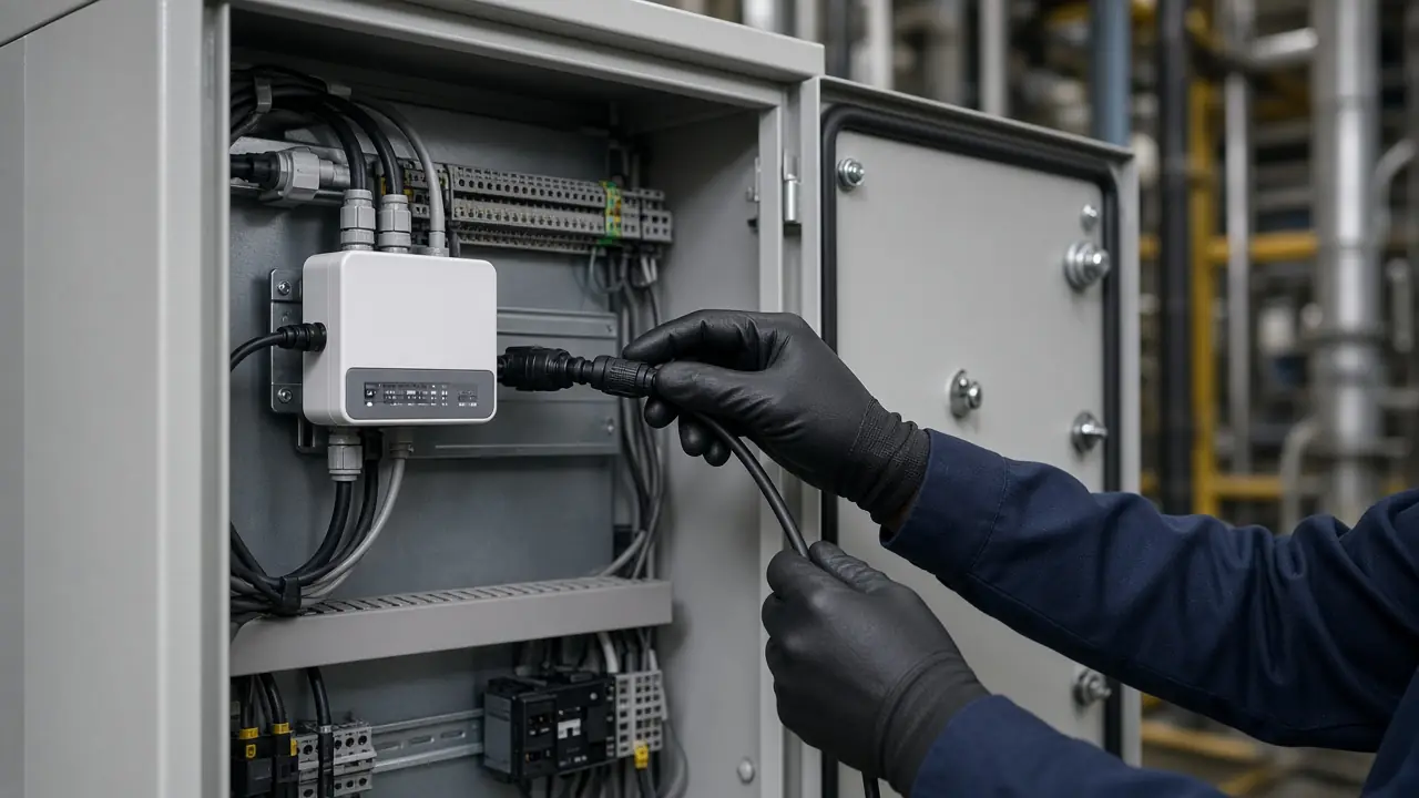 A gateway and sensor being checked in a control cabinet