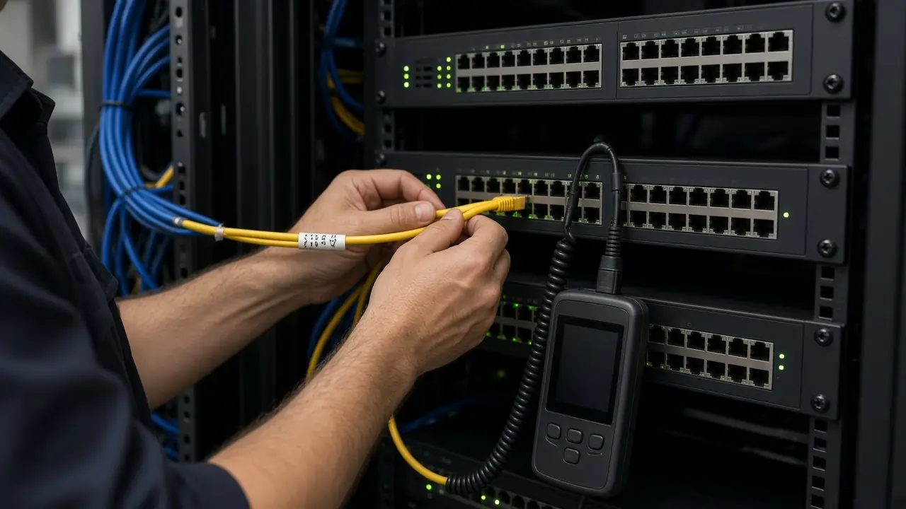 Technician connecting a cable beside a handheld test instrument