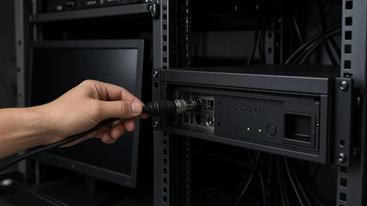 A camera cable being checked at a recorder rack
