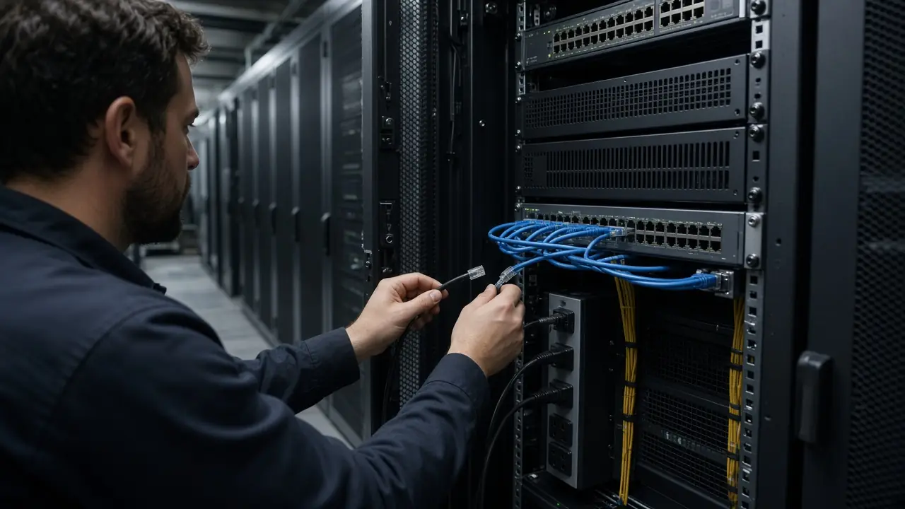 A data center rack being checked for power and network