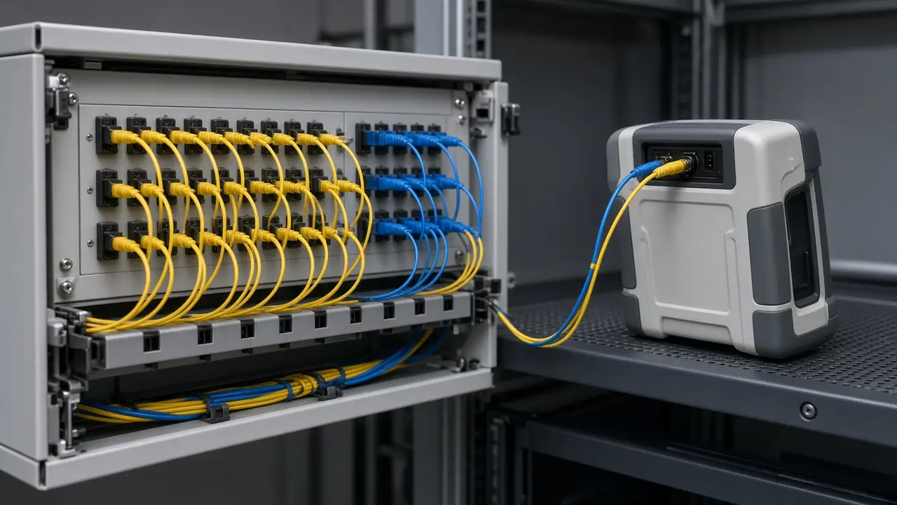 A fiber panel during an optical check with the instrument screen turned away