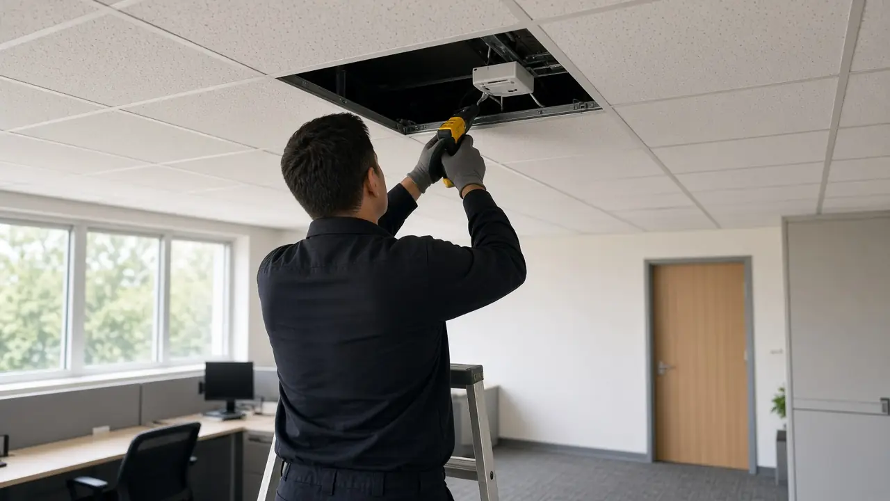 An access point being checked with a handheld tool whose screen faces away