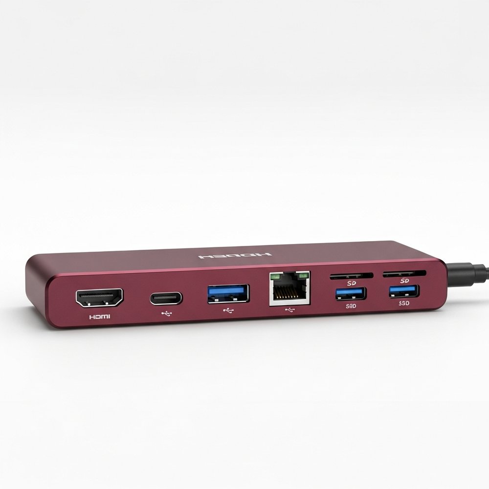 PROMATE 7-IN-1 10W WLS CHARGER 100W USB-C PD 4K HDMI 1GBPS NET 3.0 DUAL USB PORT CENTERHUB MAROON