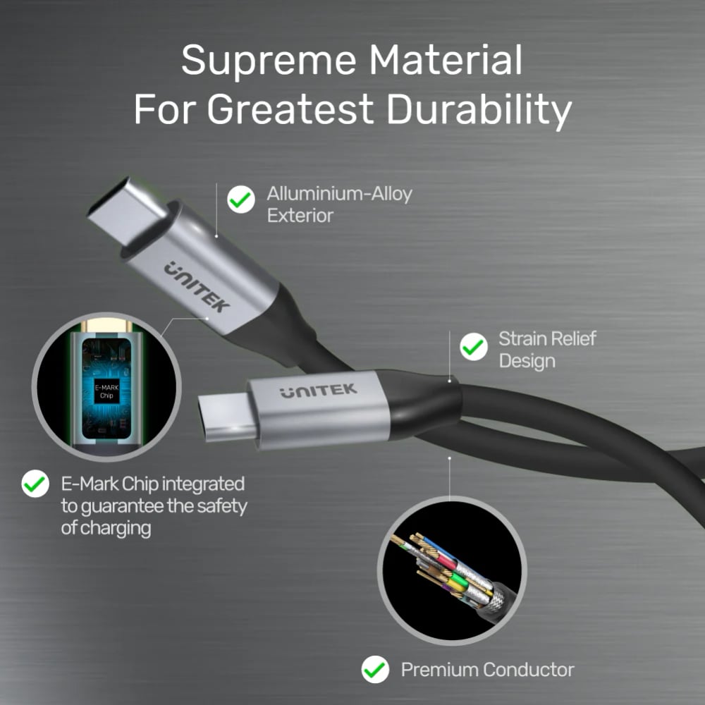 UNITEK USB-C CABLE WITH 4K@60Hz 10GPS DATA&PD 100W